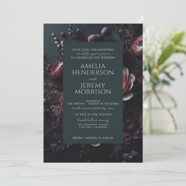 Dark Moody Floral with QR Code Invitation (Standing Front)