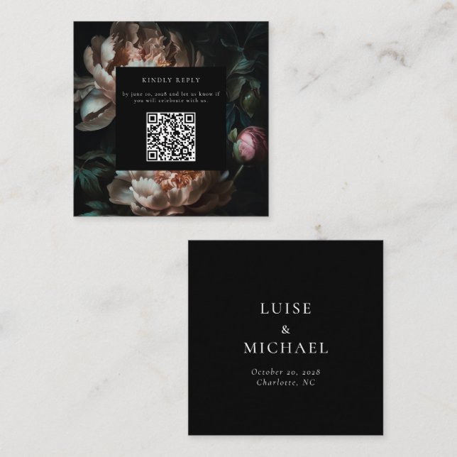 Dark Moody Florals Wedding RSVP QR Code Enclosure Card (Front/Back)