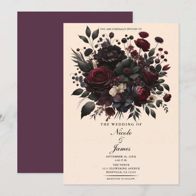 Dark Moody Flowers Elegant Floral Cream Wedding Invitation (Front/Back)