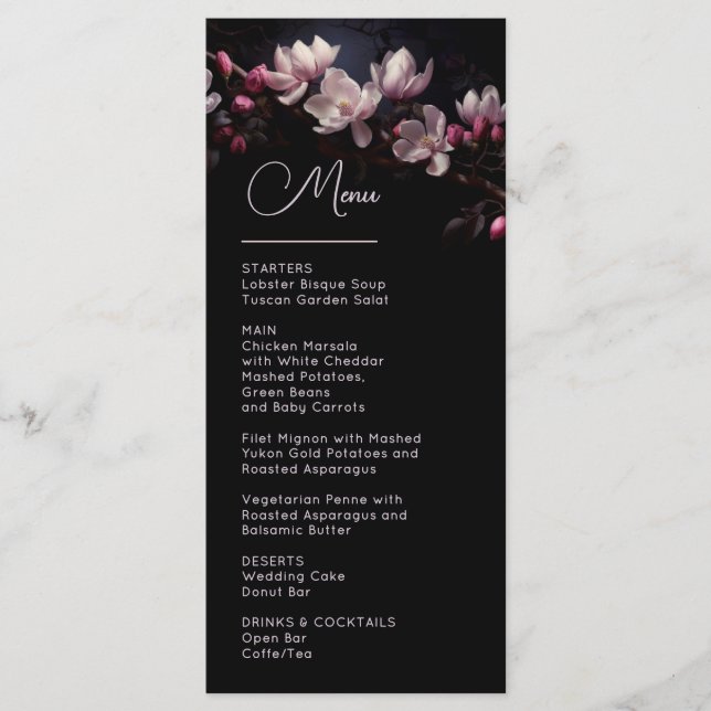 Dark Moody Flowers Magnolia Wedding Menu (Front)