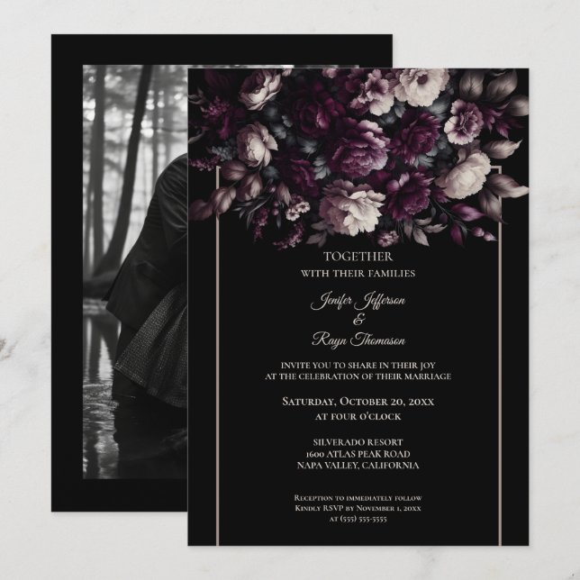 Dark moody flowers Photo Gothic wedding Invitation (Front/Back)