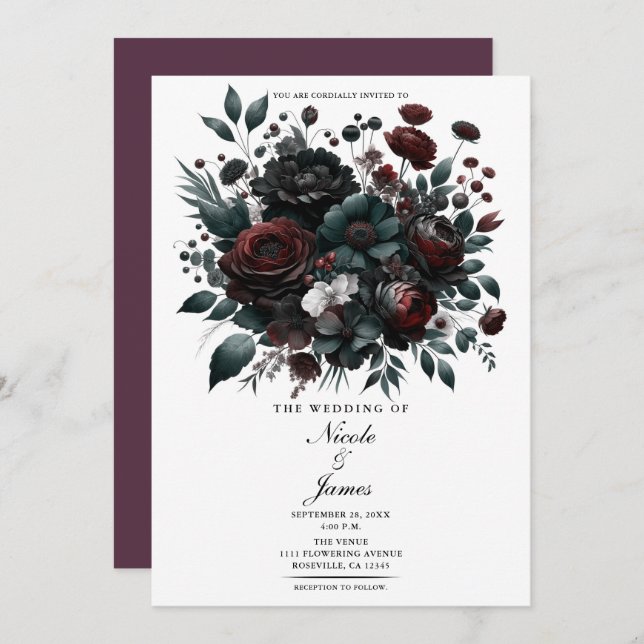 Dark Moody Forest Flowers Elegant Floral Wedding Invitation (Front/Back)