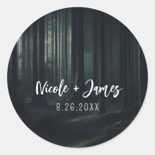 Dark Moody Forest Trees at Twilight Wedding Classic Round Sticker
