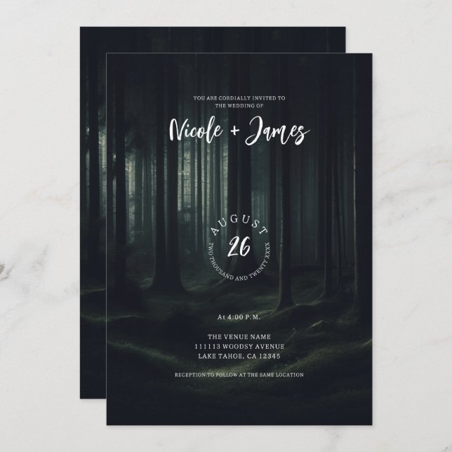 Dark Moody Forest Trees at Twilight Wedding Invitation (Front/Back)