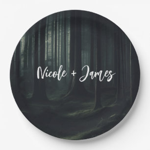 Dark Moody Forest Trees at Twilight Wedding Paper Plate