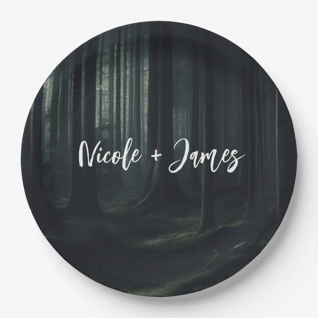 Dark Moody Forest Trees at Twilight Wedding Paper Plate (Front)