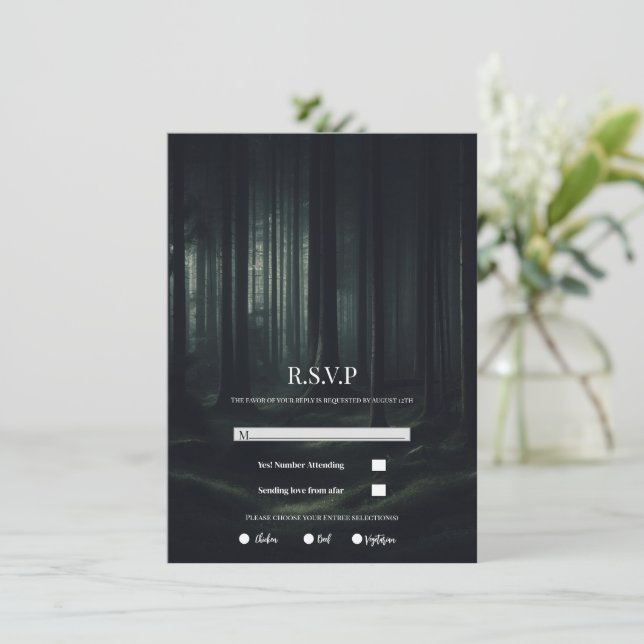 Dark Moody Forest Trees at Twilight Wedding RSVP Invitation (Standing Front)
