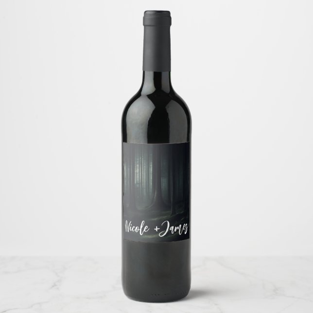Dark Moody Forest Trees at Twilight Wedding Wine Label (Front)