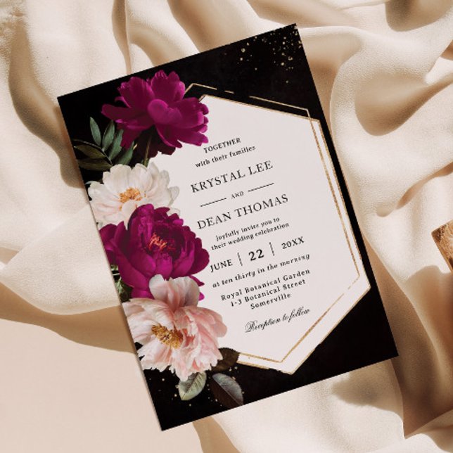 Dark Moody Fuchsia Blush Peonies Floral Wedding Invitation (Creator Uploaded)