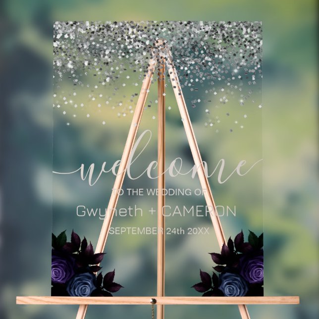 Dark Moody Glitter Silver Navy Blue Florals Acrylic Sign (Neutral)