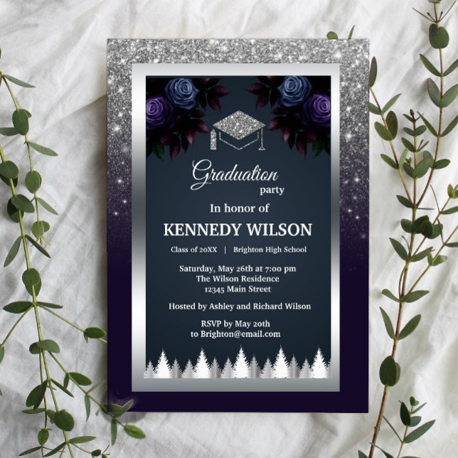 Dark Moody Glitter Silver Navy Blue Graduation Invitation (Dark Moody Glitter Silver Navy Blue Graduation Invitation #graduationinvitation #navybluesilver)