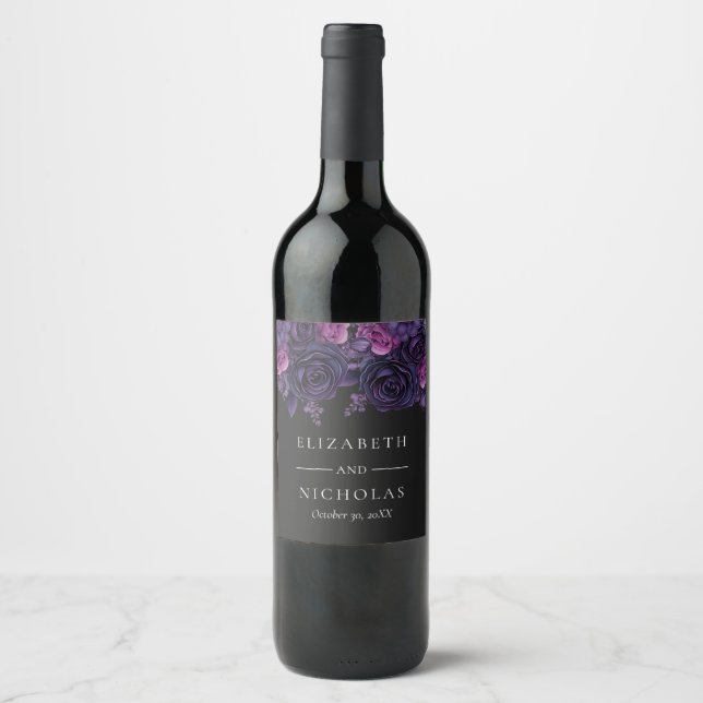 Dark Moody Gothic Floral Halloween Wedding  Wine Label (Front)
