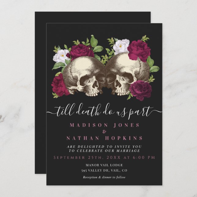 Dark Moody Gothic Skull Floral Wedding Invitation (Front/Back)