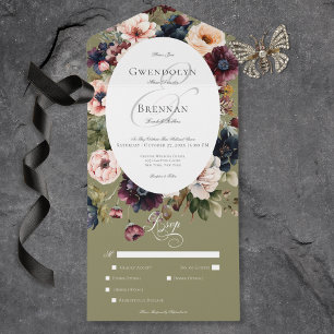 Dark Moody Green Oval Floral Frame Dinner All In One Invitation