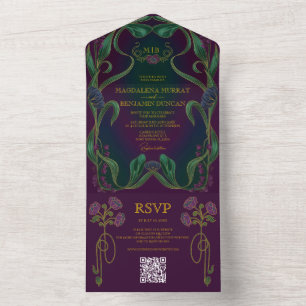 Dark Moody Jewel Tone Art Nouveau Floral Wedding All In One Invitation