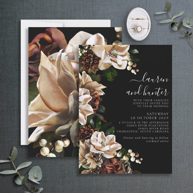 Dark Moody Magnolia Script Floral Wedding Invitati Invitation (Creator Uploaded)