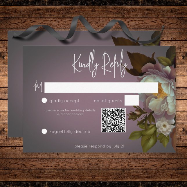 Dark Moody Mauve Floral Modern Wedding QR Code RSVP Card (Dark Moody Mauve Floral Modern Wedding QR Code RSVP Card)