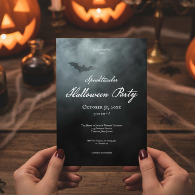 Dark Moody Midnight Bat & Fog Halloween Party Invitation (Creator Uploaded)