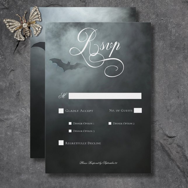 Dark Moody Midnight Bat & Fog Wedding Dinner RSVP Card (Dark Moody Midnight Bat & Fog Wedding Dinner RSVP Card)