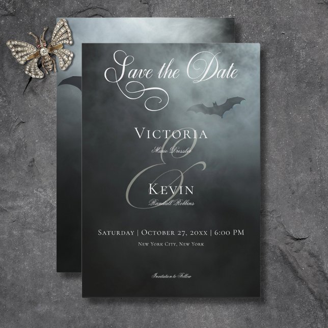 Dark Moody Midnight Bat & Fog Wedding Save The Date (Dark Moody Midnight Bat & Fog Wedding Save The Date)