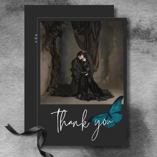 Dark Moody Minimal Teal Blue Photo Wedding Thank You Card