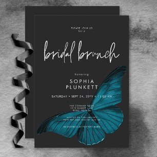 Dark Moody Minimal Teal Moth Bridal Brunch Invitation