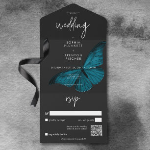 Dark Moody Minimal Teal Moth QR Code Wedding All In One Invitation