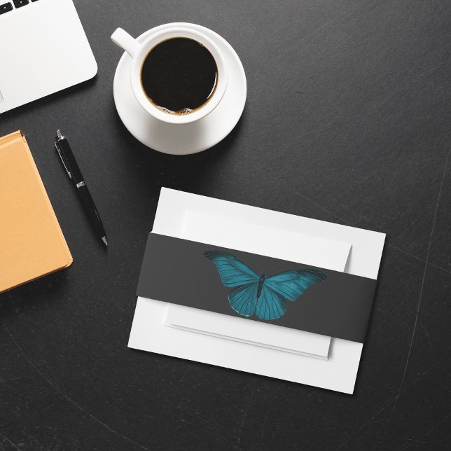Dark Moody Minimal Teal Moth Wedding Invitation Belly Band (Creator Uploaded)