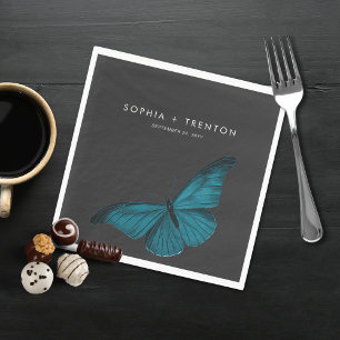 Dark Moody Minimal Teal Moth Wedding Napkin
