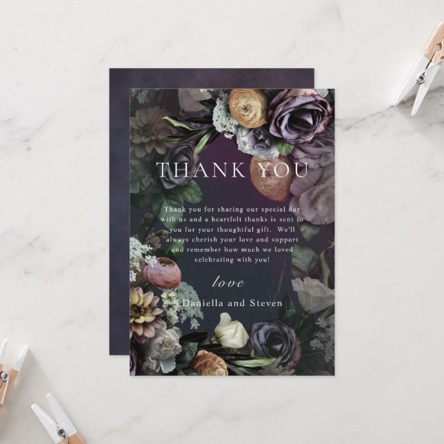 Dark Moody Modern Floral Wedding Thank You Card (Front/Back In Situ)