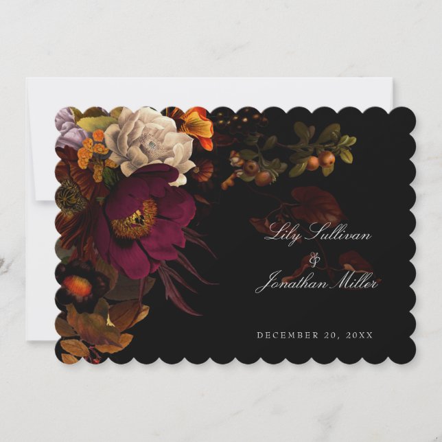 Dark Moody Night Autumn Floral Wedding RSVP Card (Front)