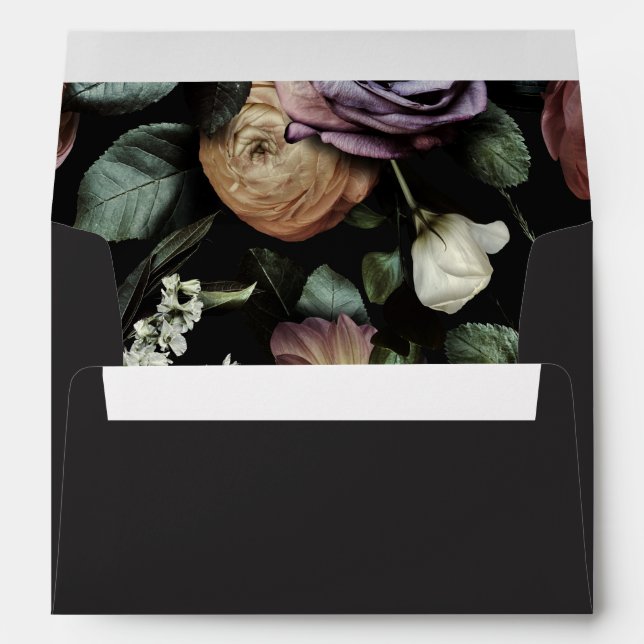 Dark Moody Night Floral Self Addressed Wedding Envelope (Back (Bottom))