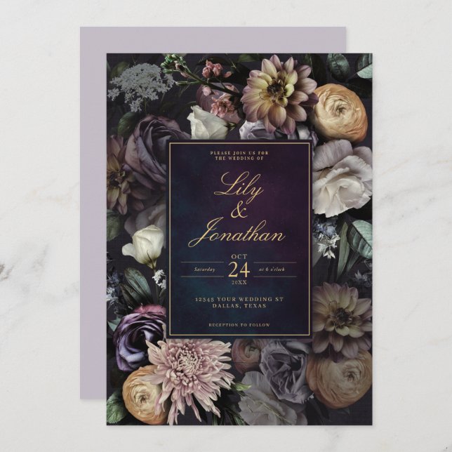 Dark Moody Night Purple Lavender Floral Wedding Invitation (Front/Back)