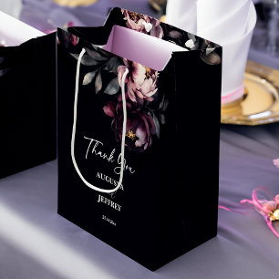 Dark moody noir elegant burgundy peonies favour medium gift bag