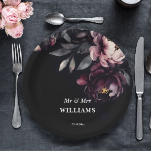 Dark moody noir elegant burgundy peonies template paper plate