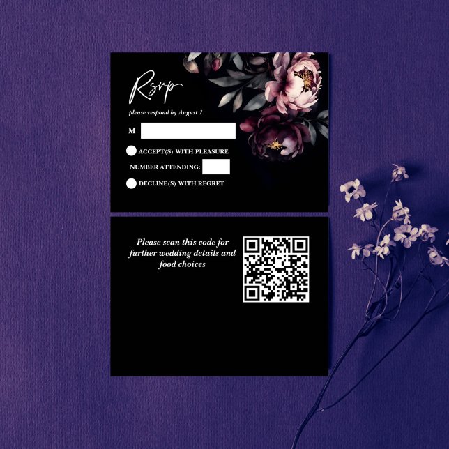 Dark moody noir elegant wedding RSVP card (Dark moody noir elegant wedding RSVP card QR rsvp burgundy peonies)