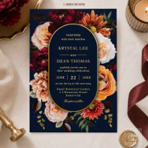 Dark Moody Orange Burgundy Floral Navy Wedding