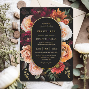 Dark Moody Orange Rust Burgundy Floral Wedding Invitation