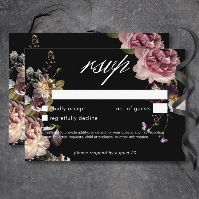 Dark Moody Pastel Opulent Floral Black No Dinner RSVP Card (Dark Moody Pastel Opulent Floral Black No Dinner RSVP Card)