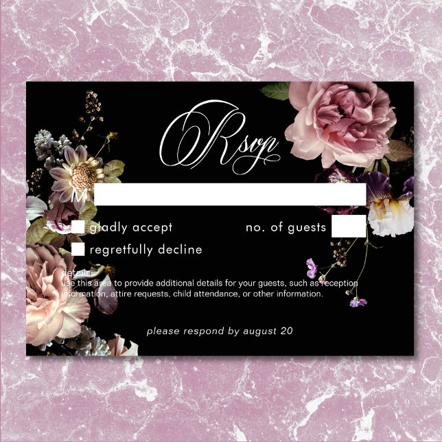 Dark Moody Pastel Opulent Floral Black No Dinner RSVP Card (Dark Moody Pastel Opulent Floral Black No Dinner)