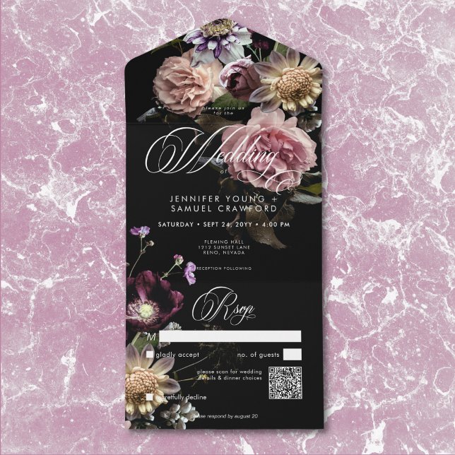 Dark Moody Pastel Opulent Floral Black QR Code All In One Invitation (Dark Moody Pastel Opulent Black Floral Details All In One Invitation)