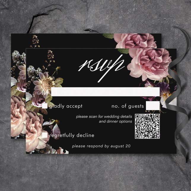 Dark Moody Pastel Opulent Floral Black QR Code RSVP Card (Dark Moody Pastel Opulent Floral Black QR Code RSVP Card)