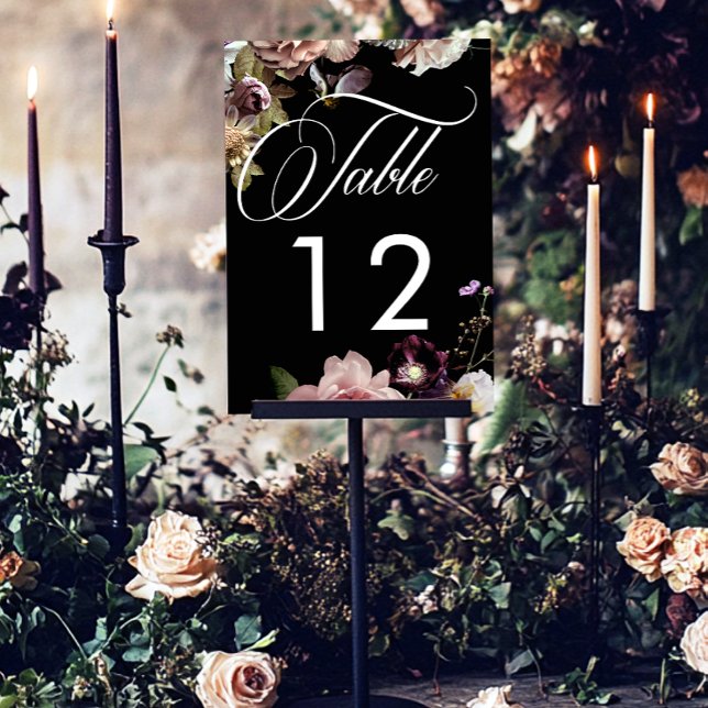Dark Moody Pastel Opulent Floral Black Wedding Table Number (Creator Uploaded)