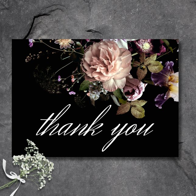 Dark Moody Pastel Opulent Floral Black Wedding Thank You Card (Dark Moody Pastel Opulent Floral Black Wedding Thank You Card)