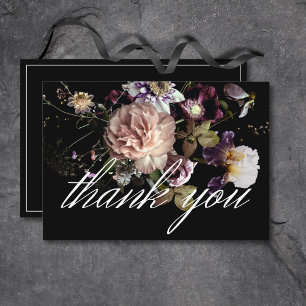 Dark Moody Pastel Opulent Floral Black Wedding Thank You Card