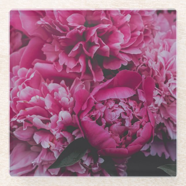 Dark moody peony  glass coaster (Front)