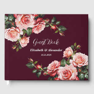 Dark moody pink and red roses burgundy wedding guest book