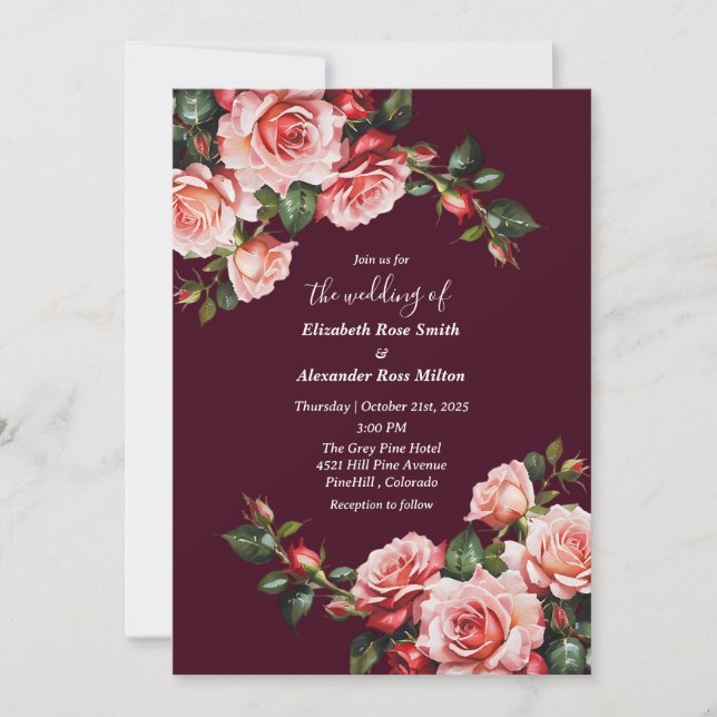 Dark moody pink and red roses burgundy wedding invitation (Front)