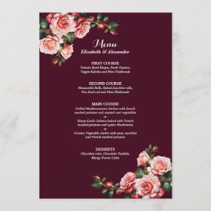 Dark moody pink and red roses burgundy wedding menu