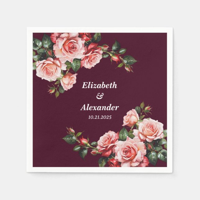 Dark moody pink and red roses burgundy wedding  napkin (Front)